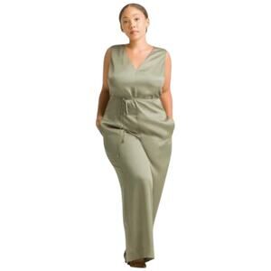 Ettitude green bamboo sateen jumpsuit sleeveless vneck back zip Mediu new in box